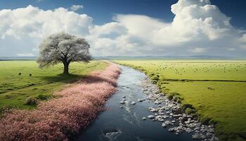 ai généré tranquille prairie, vert arbre, bleu ciel, Jaune fleur fleur généré par ai photo