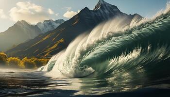 ai généré surfant Hommes vaporisateur majestueux vagues sur montagneux littoral, été amusement généré par ai photo