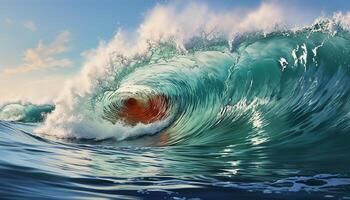 ai généré bleu vague éclabousser sur le littoral, la nature liquide beauté rupture généré par ai photo