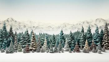 ai généré hiver fête neige couvert montagnes, décoré sapin des arbres, et cadeaux généré par ai photo