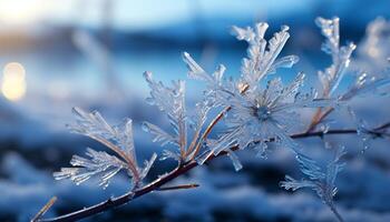 ai généré hiver beauté gel sur bifurquer, neige couvert arbre, congelé feuille généré par ai photo