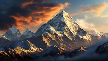 ai généré majestueux Montagne culminer, neige plafonné et tranquille, en dessous de spectaculaire le coucher du soleil ciel généré par ai photo