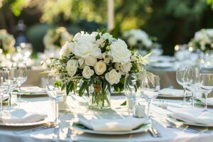ai généré Extérieur table réglage avec blanc fleurs sur le table restaurant pour mariage, Valentin action de grâces photo