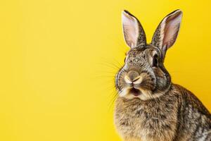 ai généré surpris lapin contre une vif Jaune arrière-plan, parfait pour Pâques promotions, animal de compagnie se soucier publicité, ou vibrant sur le thème du printemps graphique. copie espace pour texte. Pâques vente, rabais. photo