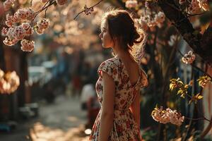 ai généré magnifique Jeune femme portant robe et en marchant sur rue dans printemps photo