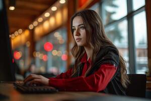 ai généré Jeune femme travail dans le Bureau avec ordinateur photo