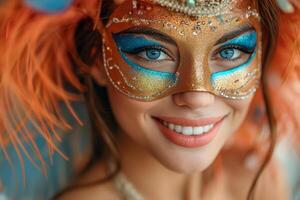 ai généré portrait de content souriant femme dans brillant carnaval vénitien masque sur blanc Contexte photo