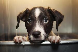 ai généré savonneuse chiot chien mousse bain. produire ai photo