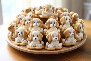 ai généré malicieux chiot marrant supporter sur table des biscuits. produire ai photo