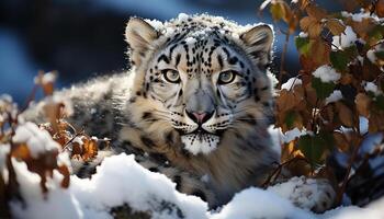 ai généré majestueux tigre, chat sauvage, en regardant, beauté dans nature, région sauvage, neige généré par ai photo