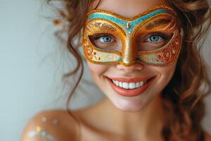 ai généré portrait de content souriant femme dans brillant carnaval vénitien masque sur blanc Contexte photo