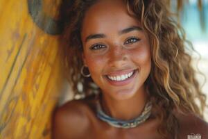 ai généré Jeune femme à le plage, rayonnant joie comme elle détient une planche de surf, capturer le essence de exotique beauté photo