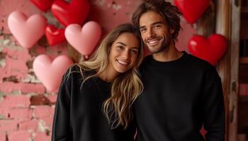 ai généré américain couple des stands parmi rouge en forme de coeur des ballons, évoquant la Saint-Valentin journée romance avec une subtil ombre effet photo