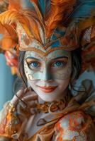 ai généré portrait de content souriant femme dans brillant carnaval vénitien masque sur blanc Contexte photo