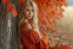 ai généré magnifique blond femme dans rouge orange robe posant par arbre avec coloré feuilles photo