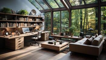 ai généré moderne Bureau avec confortable chaise, étagère à livres, et vert plante décoration généré par ai photo