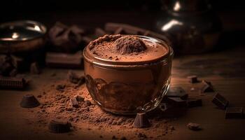 ai généré une rustique table détient une foncé Chocolat latté avec mousseux crème généré par ai photo