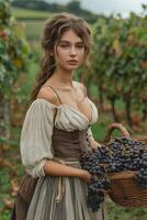 ai généré une femme dans une longue lumière jupe et court Haut dans une vignoble recueille les raisins dans une panier photo