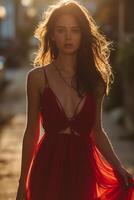 ai généré plein longueur magnifique femme en marchant vers le bas une rue, rouge robe, lumière du soleil photo