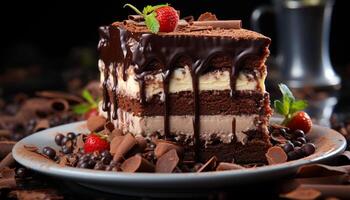 ai généré une assiette de indulgent fait maison Chocolat gâteau avec Frais des fraises généré par ai photo