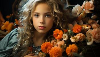 ai généré mignonne blond fille souriant, en portant une fleur, entouré par la nature généré par ai photo