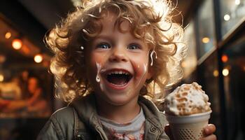 ai généré souriant enfant profiter la glace crème, insouciant et plein de joie généré par ai photo