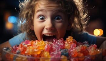 ai généré mignonne de bonne humeur les filles profiter sucré bonbons, souriant à le caméra généré par ai photo