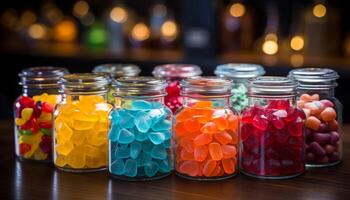 ai généré une vibrant collection de sucré fruit bonbons apporte enfance joie généré par ai photo