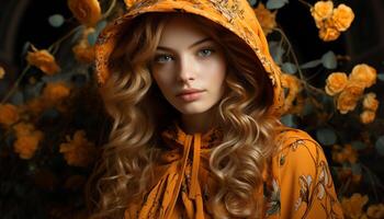 ai généré magnifique femme avec blond cheveux à la recherche à caméra dans l'automne généré par ai photo