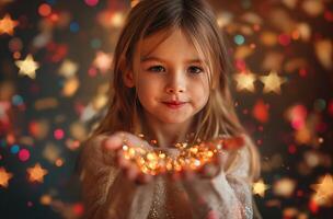 ai généré enfant avec de fête lumières photo