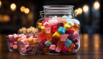 ai généré une table plein de coloré bonbons, une enfance fête généré par ai photo