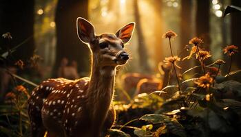 ai généré mignonne cerf dans le prairie, à la recherche à caméra, paisible la nature généré par ai photo