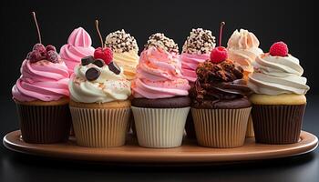 ai généré petit gâteau dessert, gourmet Chocolat cuit avec framboise glaçage et muffin généré par ai photo