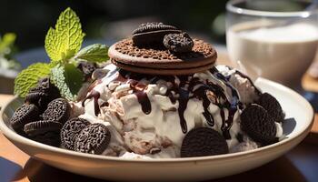 ai généré indulgent dessert fait maison Chocolat la glace crème avec Frais framboise Garniture généré par ai photo