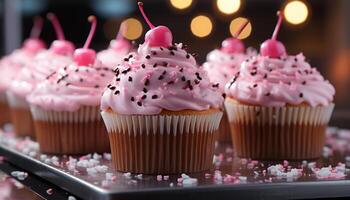 ai généré petit gâteau dessert, sucré nourriture, cuit gourmet, rose fête, Chocolat décoration généré par ai photo