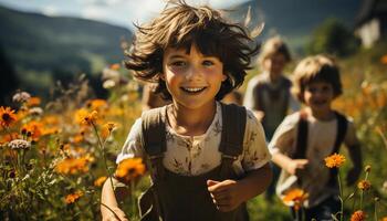 ai généré souriant enfant jouit été, nature, fleurs, et insouciant loisir Activités généré par ai photo