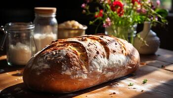 ai généré fraîchement cuit fait maison pain sur rustique en bois tableau, une gourmet délice généré par ai photo