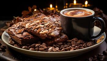 ai généré foncé Chocolat dessert sur rustique tableau, indulgence dans fait maison douceur généré par ai photo