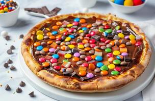 ai généré bonbons surmonté Chocolat Pizza photo