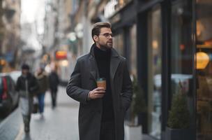 ai généré élégant homme avec à emporter café dans ville photo