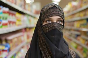ai généré yeux de tradition arabe femme dans boutique photo