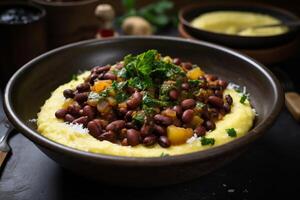 ai généré chaud mains en portant polenta des haricots bol. produire ai photo