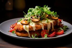 ai généré porc schnitzel champignon. produire ai photo