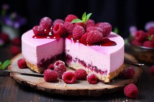 ai généré sucré framboise cheesecake tranche. produire ai photo