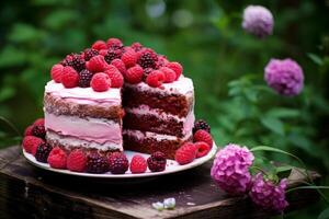 ai généré décadent framboise gâteau dans jardin. produire ai photo