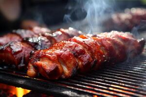 ai généré acidulé porc un barbecue assiette fermer. produire ai photo