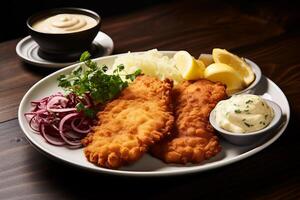 ai généré porc schnitzel champignon plaque. produire ai photo