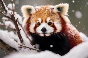 ai généré froid rouge Panda hiver neige. produire ai photo