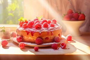 ai généré brillant framboise gâteau dans lumière du soleil. produire ai photo