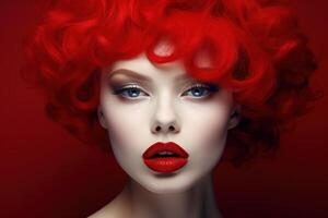 ai généré glamour rouge rouge à lèvres modèle. produire ai photo